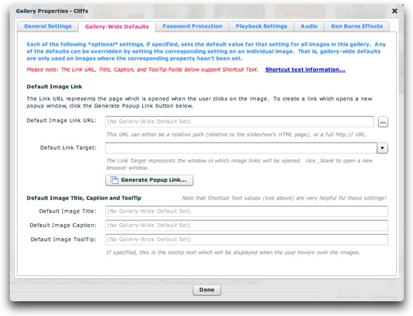 Gallery defaults tab